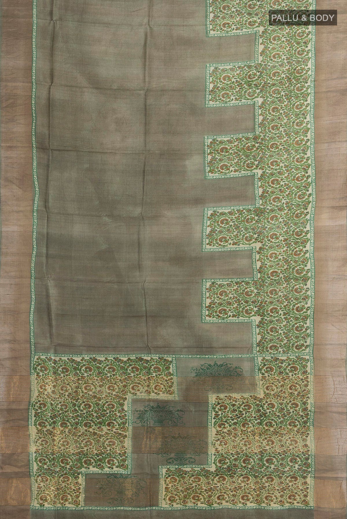 Flat view of Green Tussar Saree with Plain Body and Zari Border. 