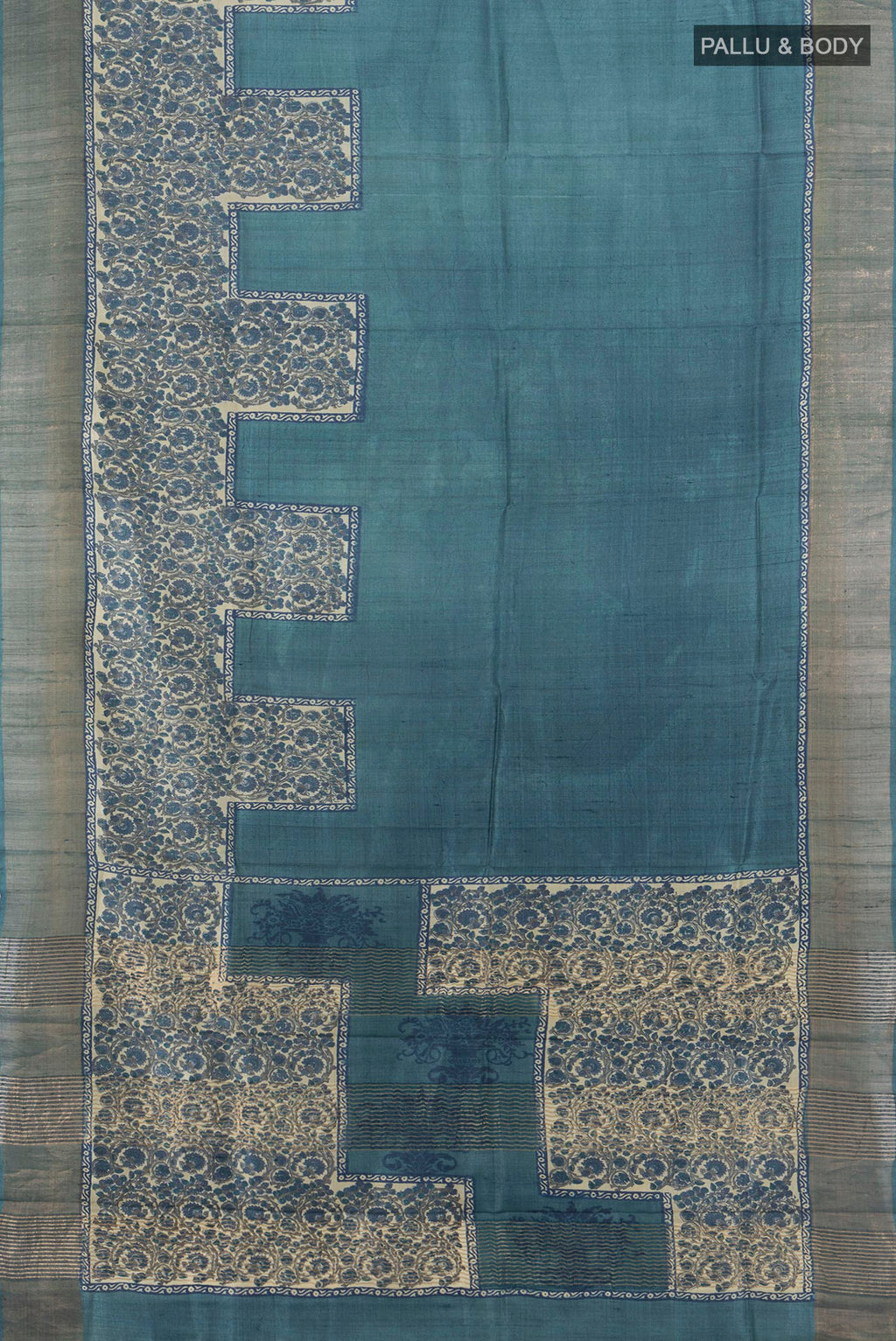 Flat view of Multi Color Tussar Saree with Floral Print on the body and Silk Border. 