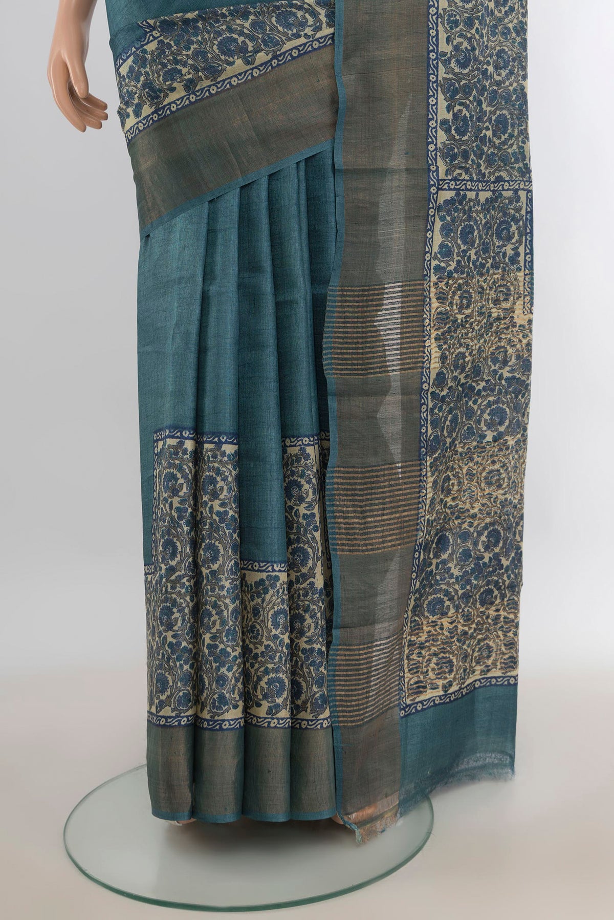Pleats and pallu of Multi Color Tussar Saree with Floral Print on the body and Silk Border. 