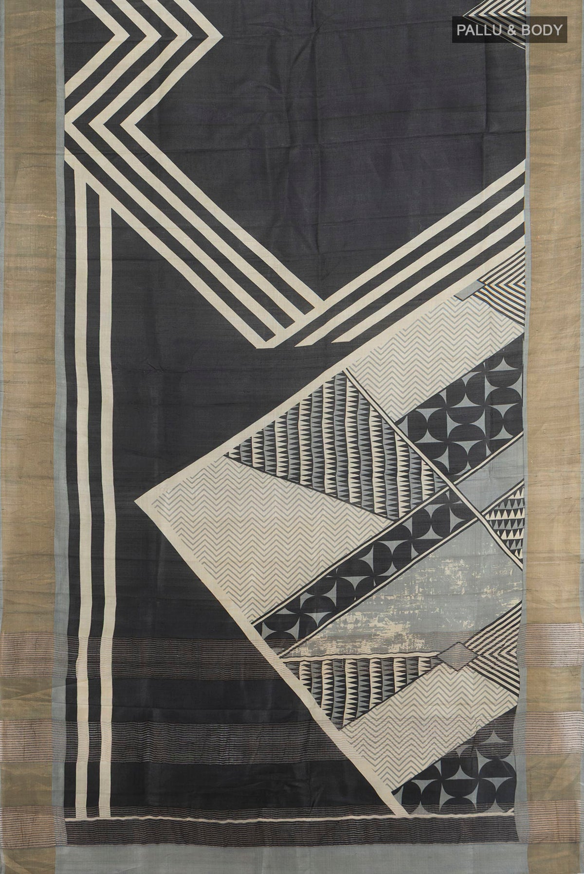 Flat view of Black Tussar Saree with Floral Print on the body and Zari Border. 