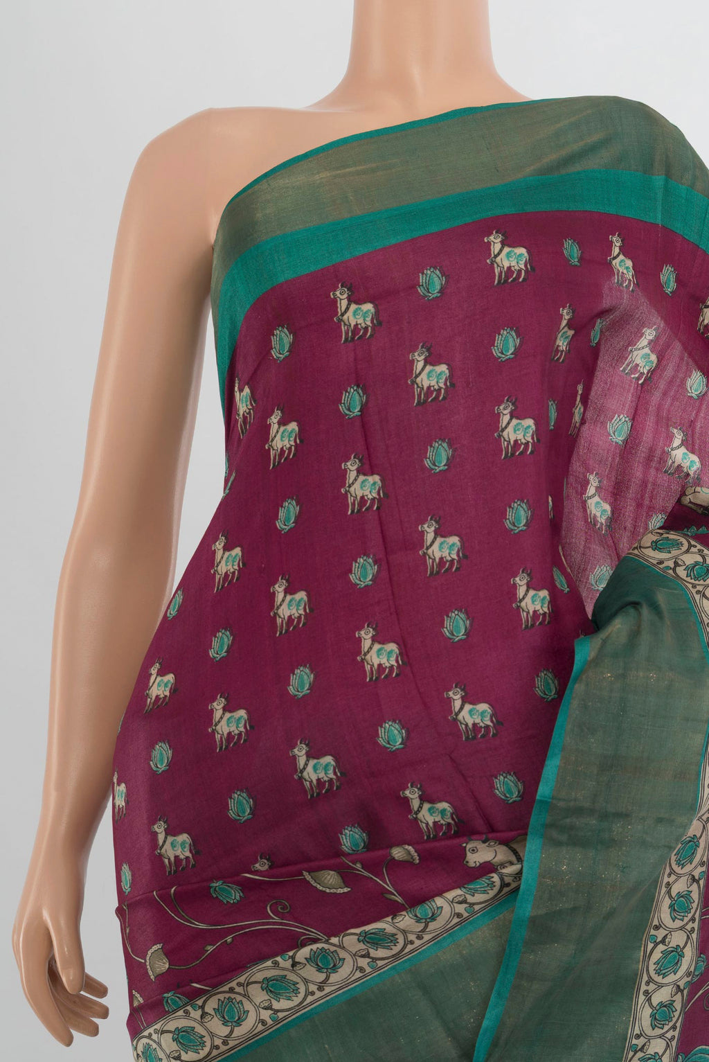 Border image of Multi Color Tussar Saree with Floral Print on the body and Silk Border. 