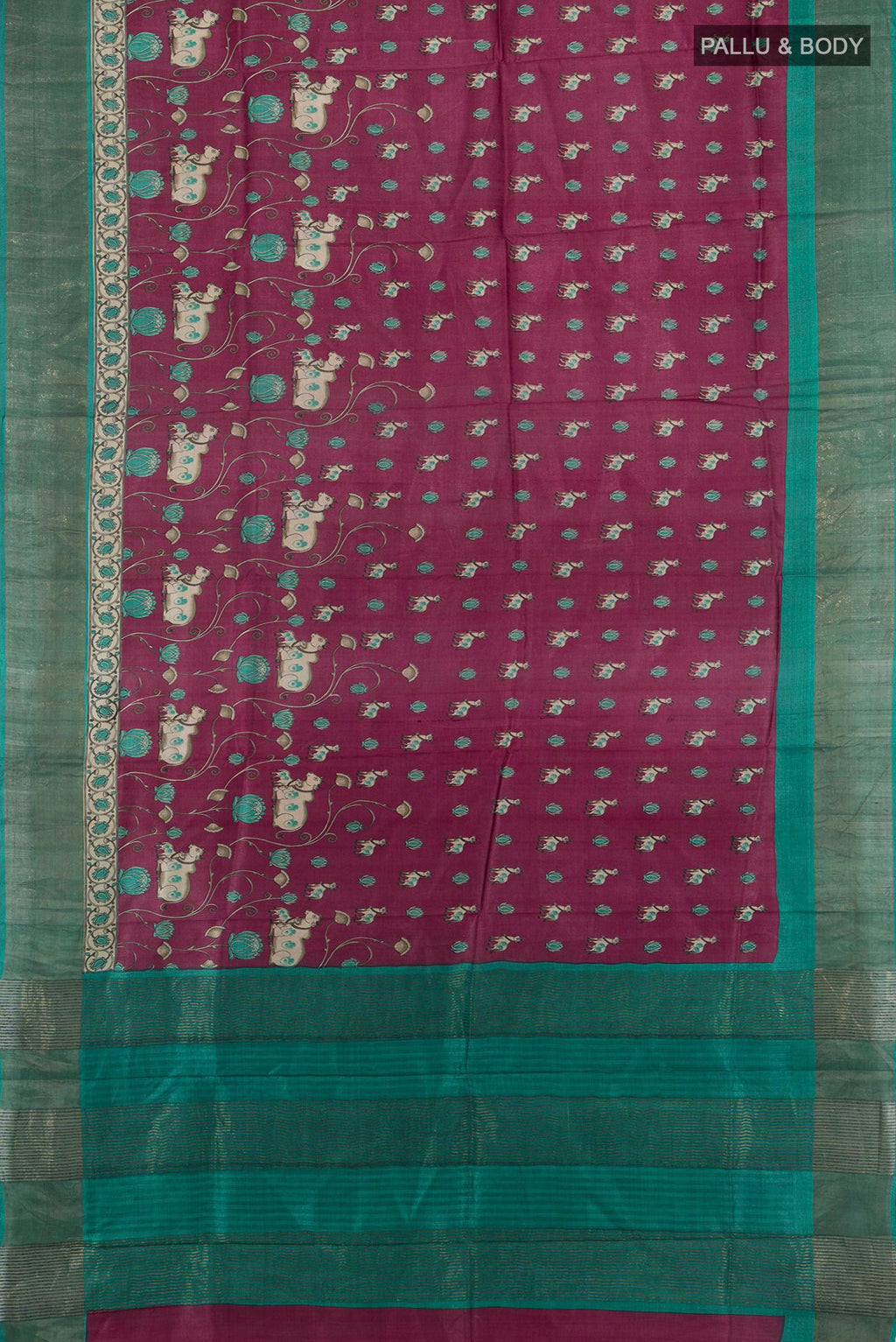 Flat view of Multi Color Tussar Saree with Floral Print on the body and Silk Border. 