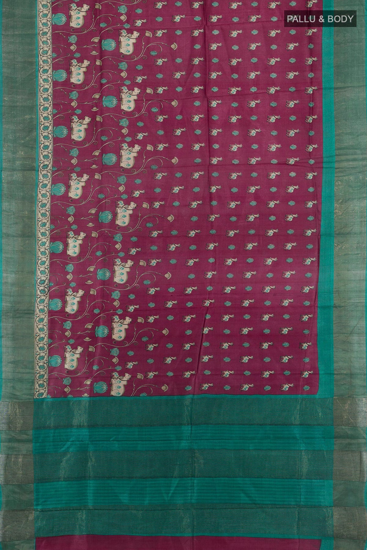 Flat view of Multi Color Tussar Saree with Floral Print on the body and Silk Border. 