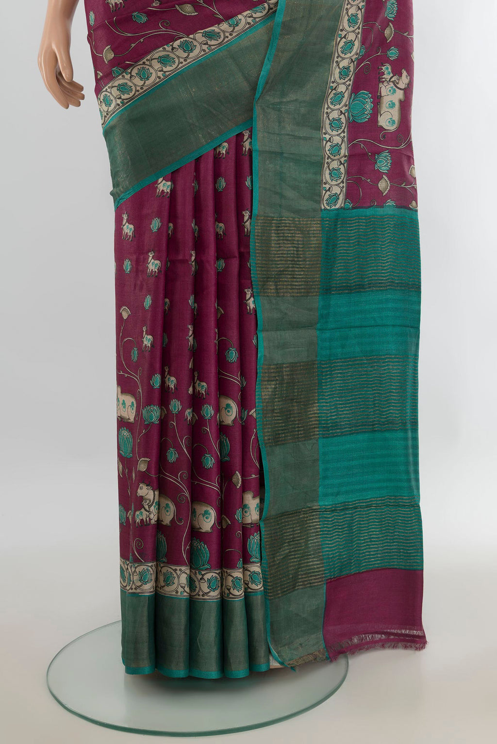 Pleats and pallu of Multi Color Tussar Saree with Floral Print on the body and Silk Border. 