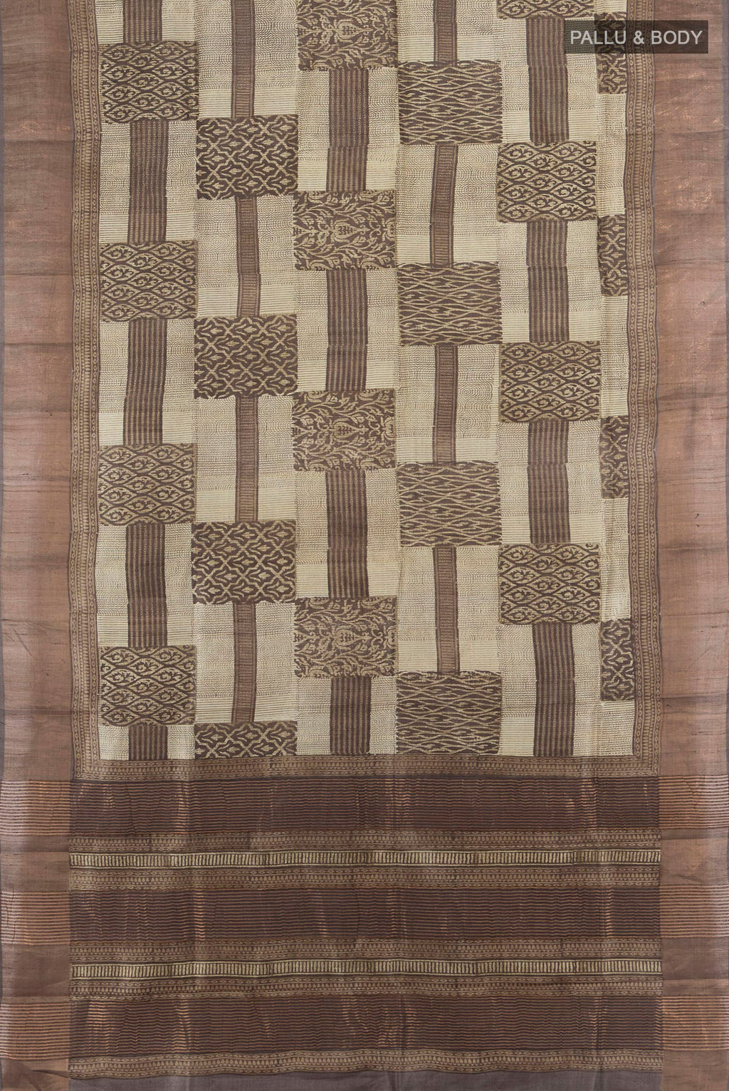 Flat view of Multi Color Tussar Saree with Floral Print on the body and Silk Border. 