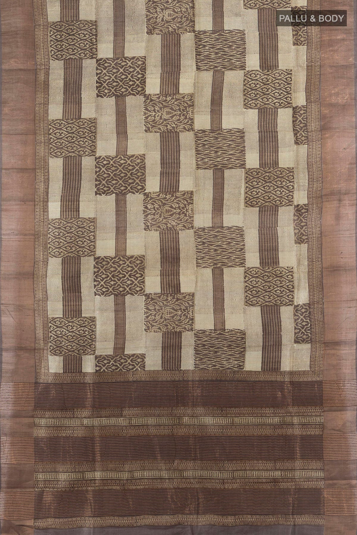 Flat view of Multi Color Tussar Saree with Floral Print on the body and Silk Border. 