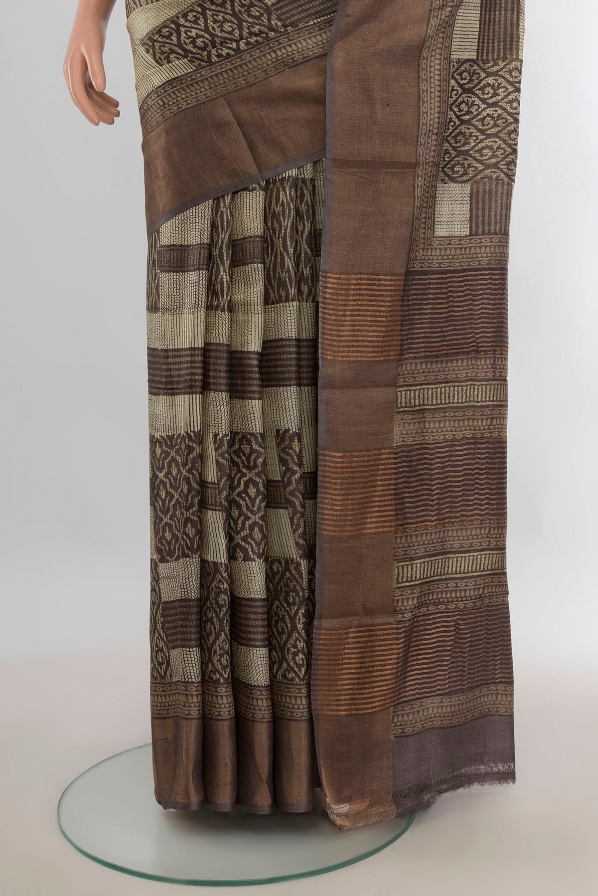 Pleats and pallu of Multi Color Tussar Saree with Floral Print on the body and Silk Border. 