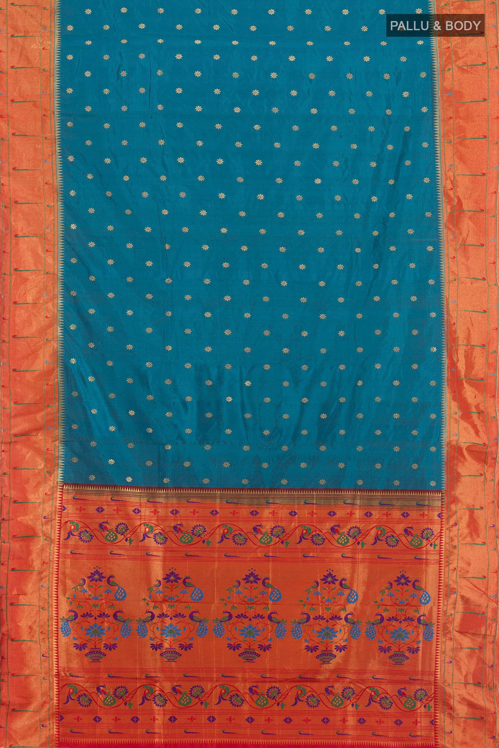 Flat view of Peacock Blue Blended Paithani Silk Saree with Zari Butta on the body and Paithani Border. 