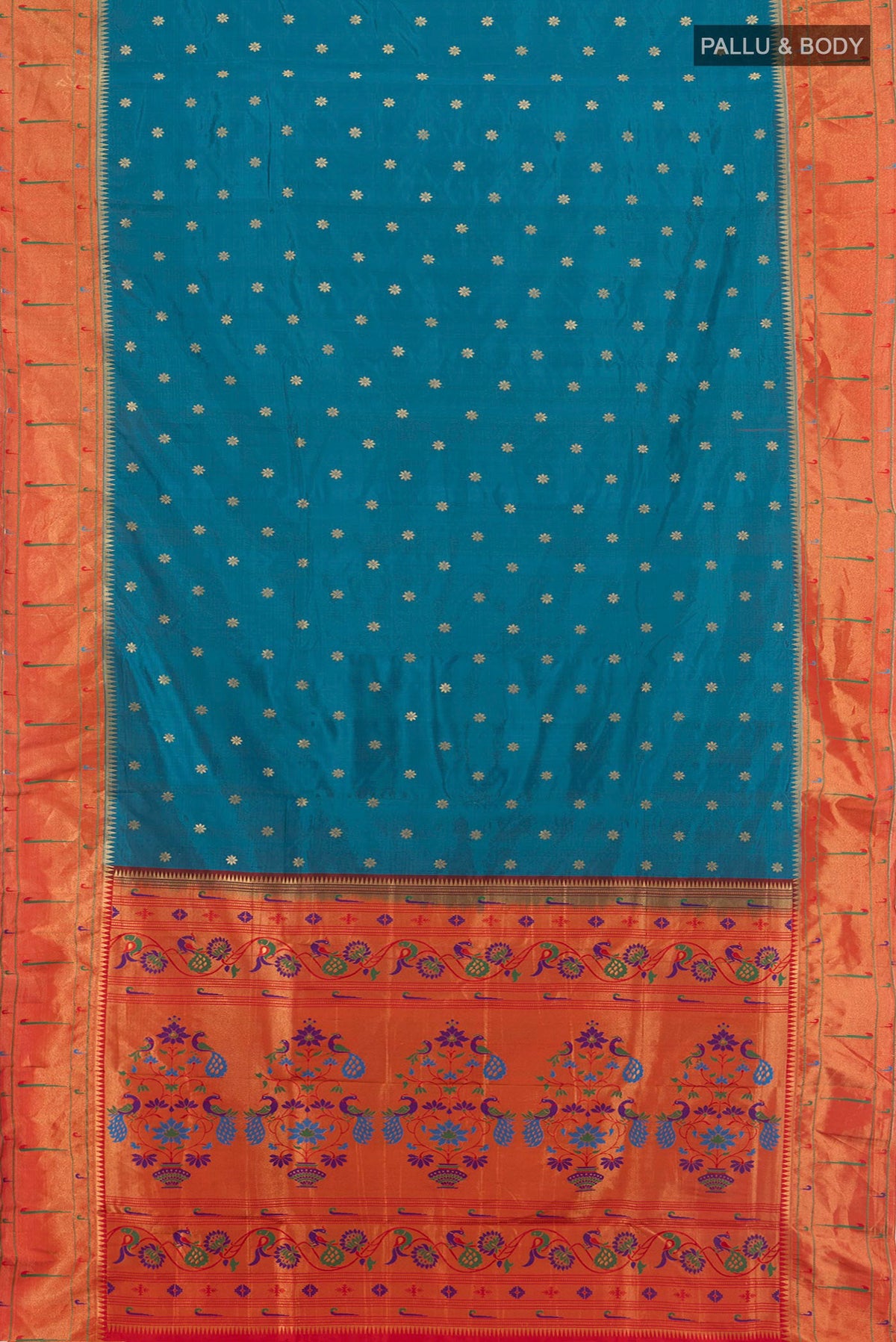 Flat view of Peacock Blue Blended Paithani Silk Saree with Zari Butta on the body and Paithani Border. 