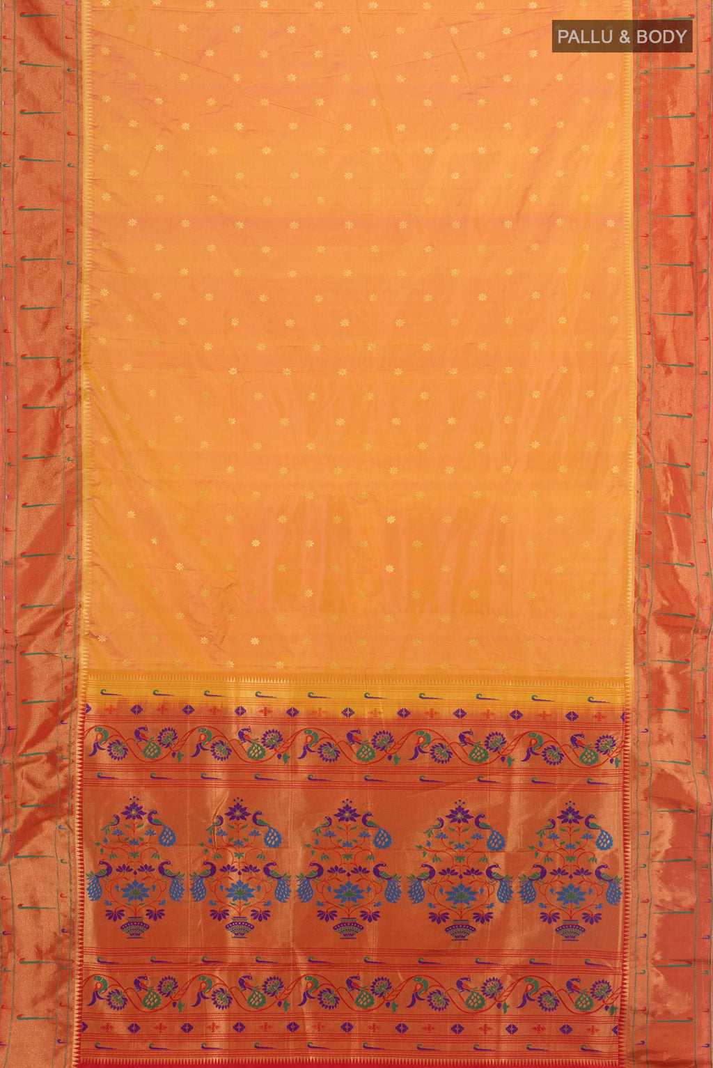 Flat view of Multi Color Blended Paithani Silk Saree with Zari Butta on the body and Paithani Border. 