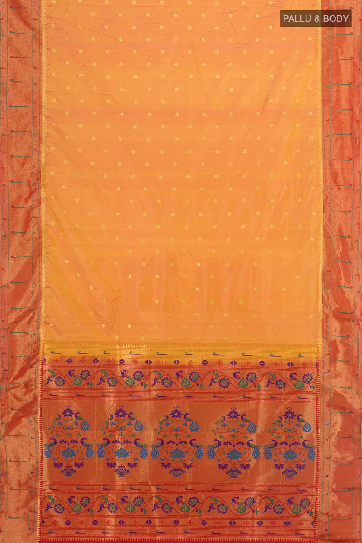 Flat view of Multi Color Blended Paithani Silk Saree with Zari Butta on the body and Paithani Border. 