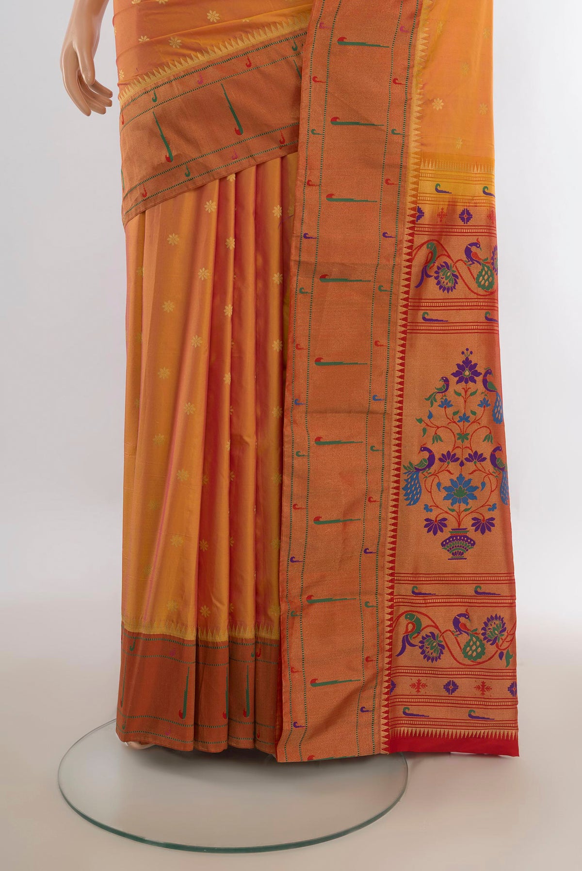 Pleats and pallu of Multi Color Blended Paithani Silk Saree with Zari Butta on the body and Paithani Border. 
