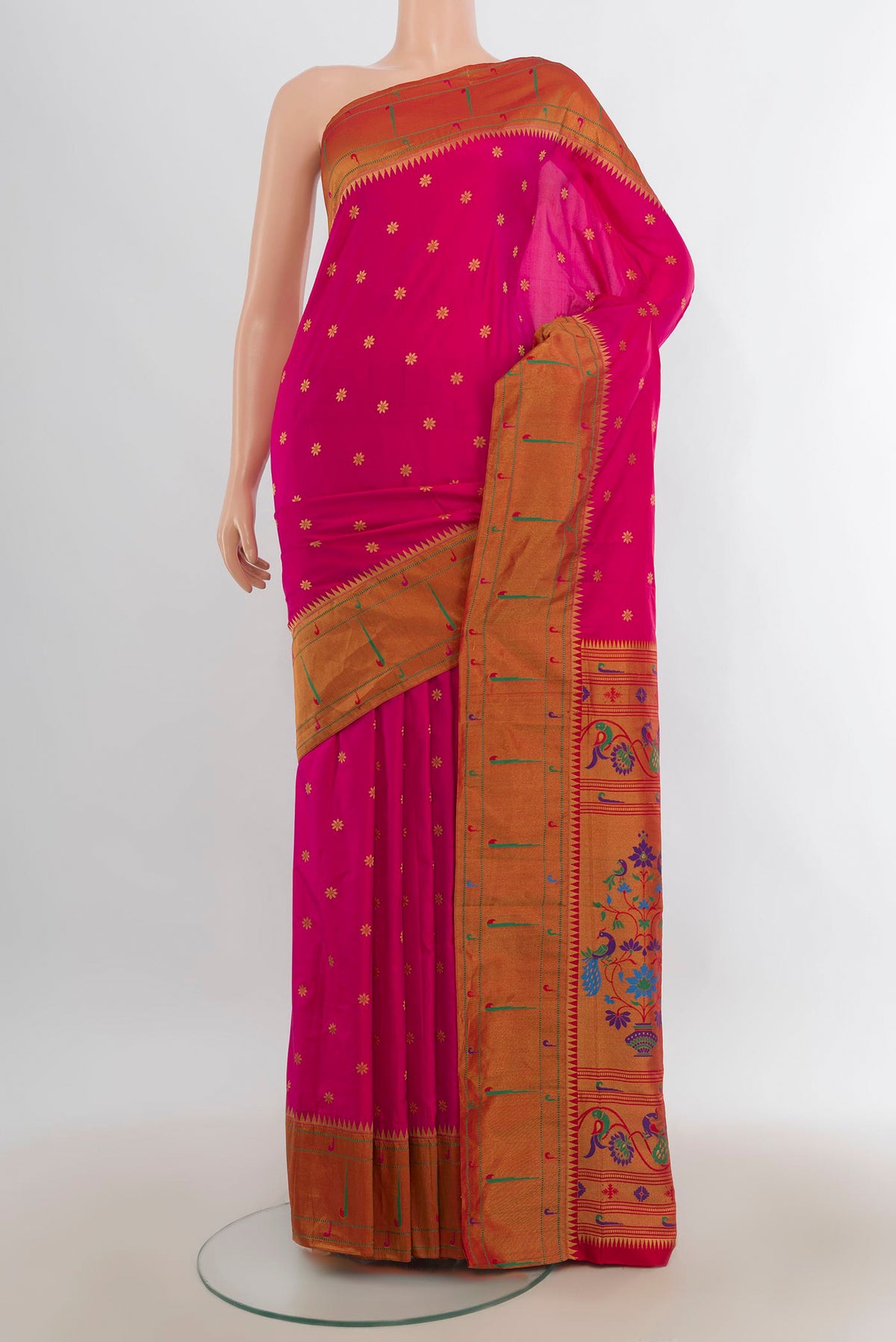 Dark Pink Blended Paithani Silk Saree with Zari Butta on the body and Paithani Border.  displayed on a mannequin