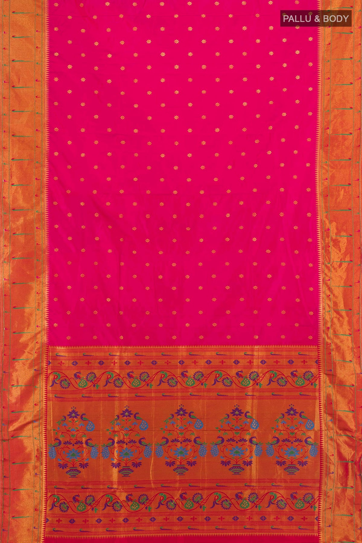 Flat view of Dark Pink Blended Paithani Silk Saree with Zari Butta on the body and Paithani Border. 