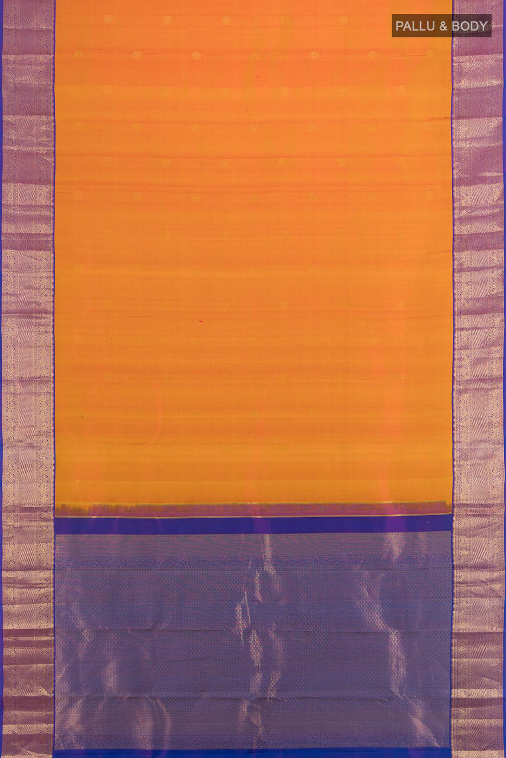 Flat view of Pure Silk Yellow Kanjivaram Saree with Zari Butta on the body and Zari Border. 