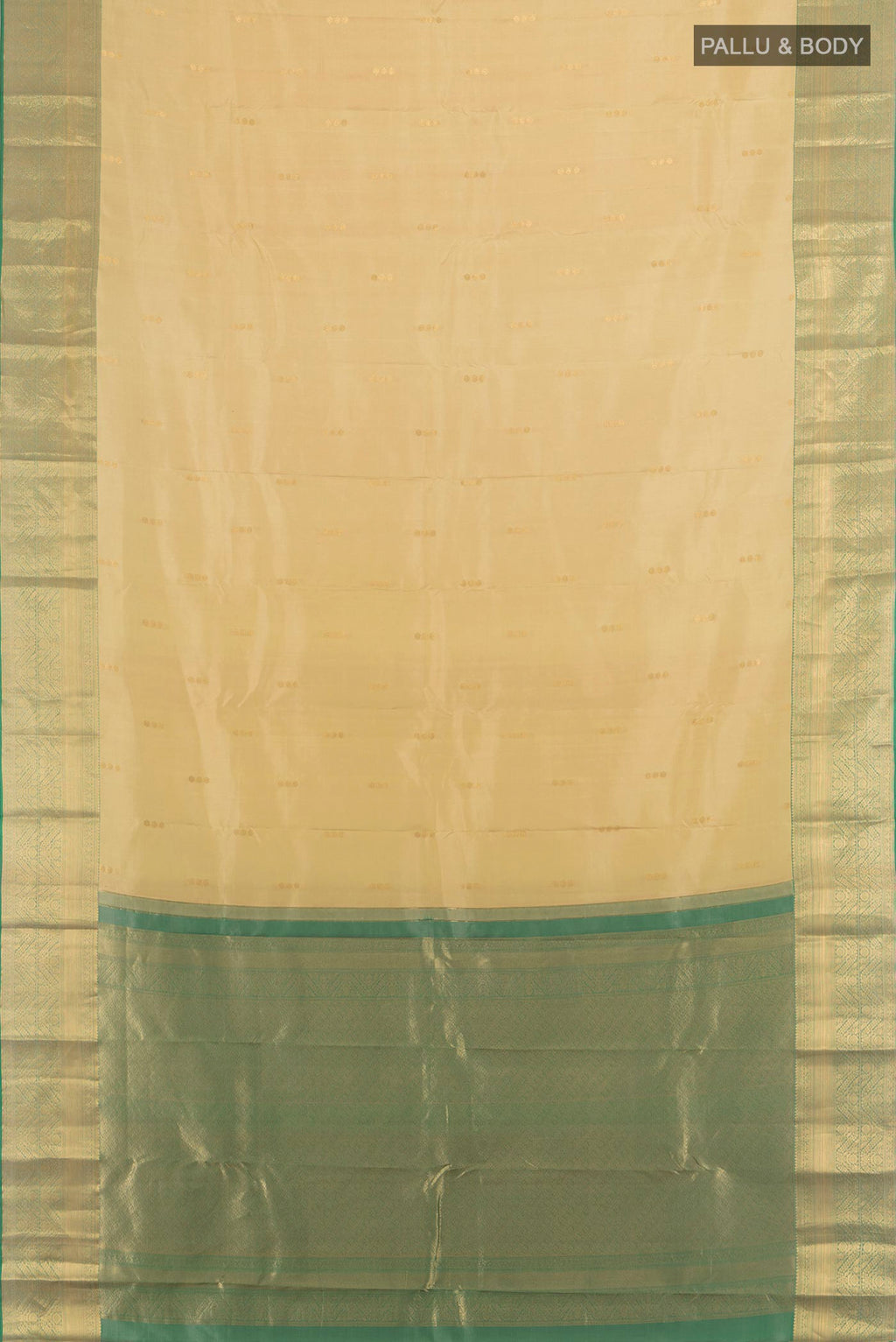 Flat view of Pure Silk Beige Kanjivaram Saree with Zari Butta on the body and Zari Border. 