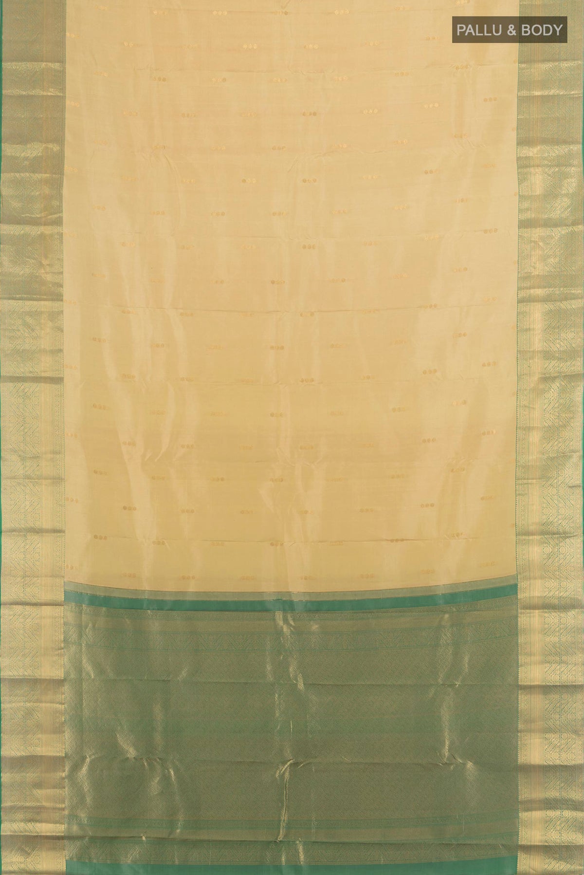 Flat view of Pure Silk Beige Kanjivaram Saree with Zari Butta on the body and Zari Border. 