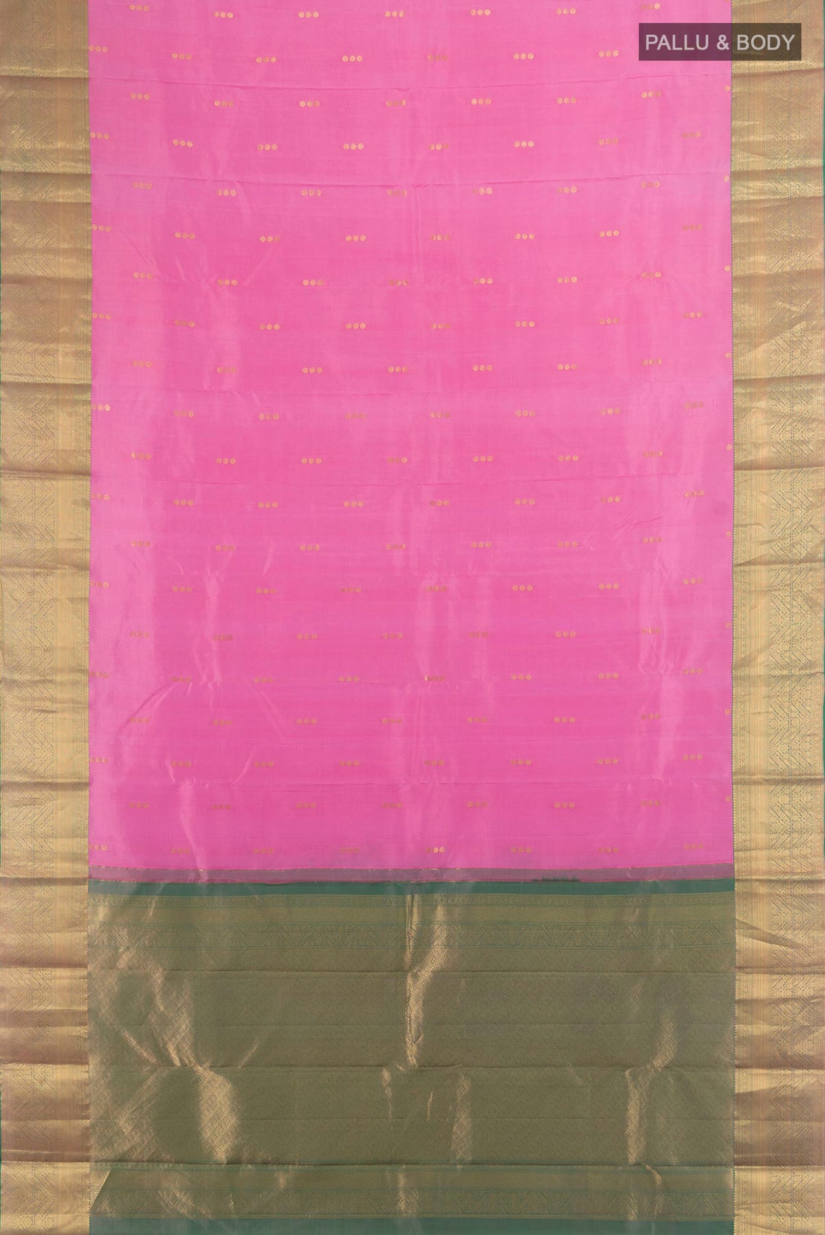 Flat view of Pure Silk Rose pink Kanjivaram Saree with Zari Butta on the body and Silk Border. 