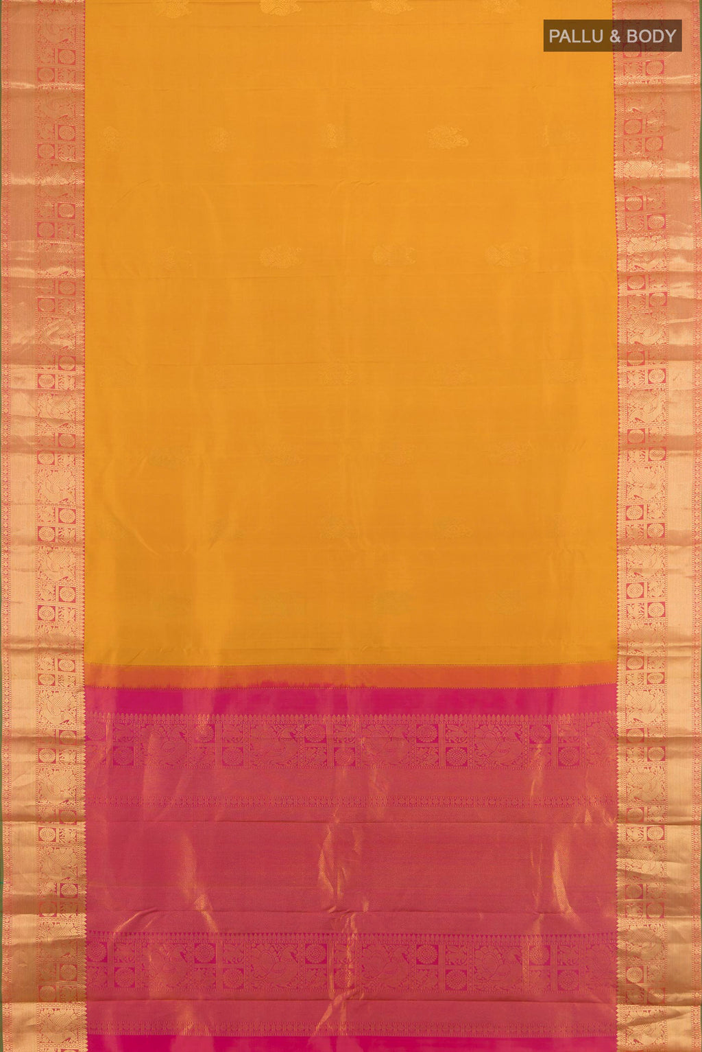 Flat view of Pure Silk Mustard Kanjivaram Saree with Zari Butta on the body and Zari Border. 
