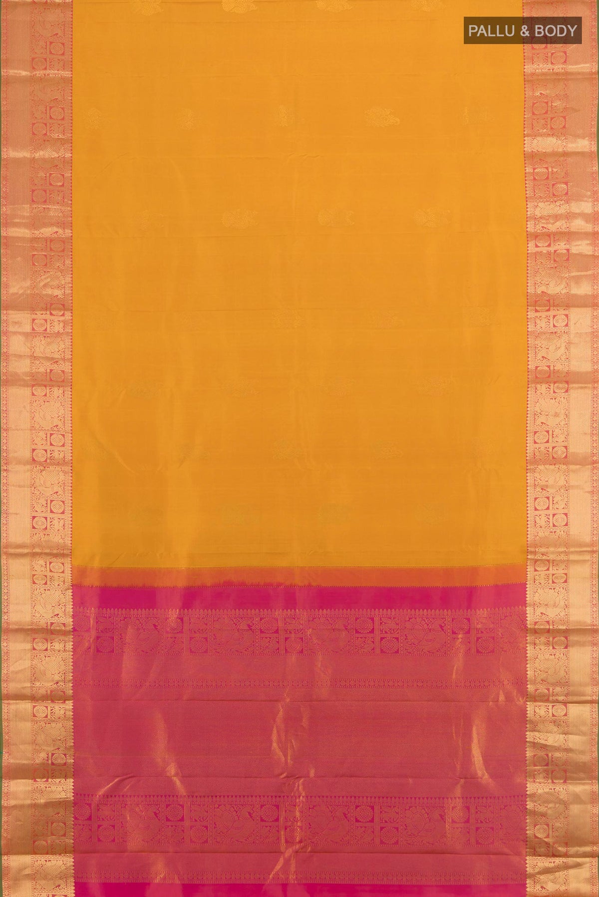 Flat view of Pure Silk Mustard Kanjivaram Saree with Zari Butta on the body and Zari Border. 