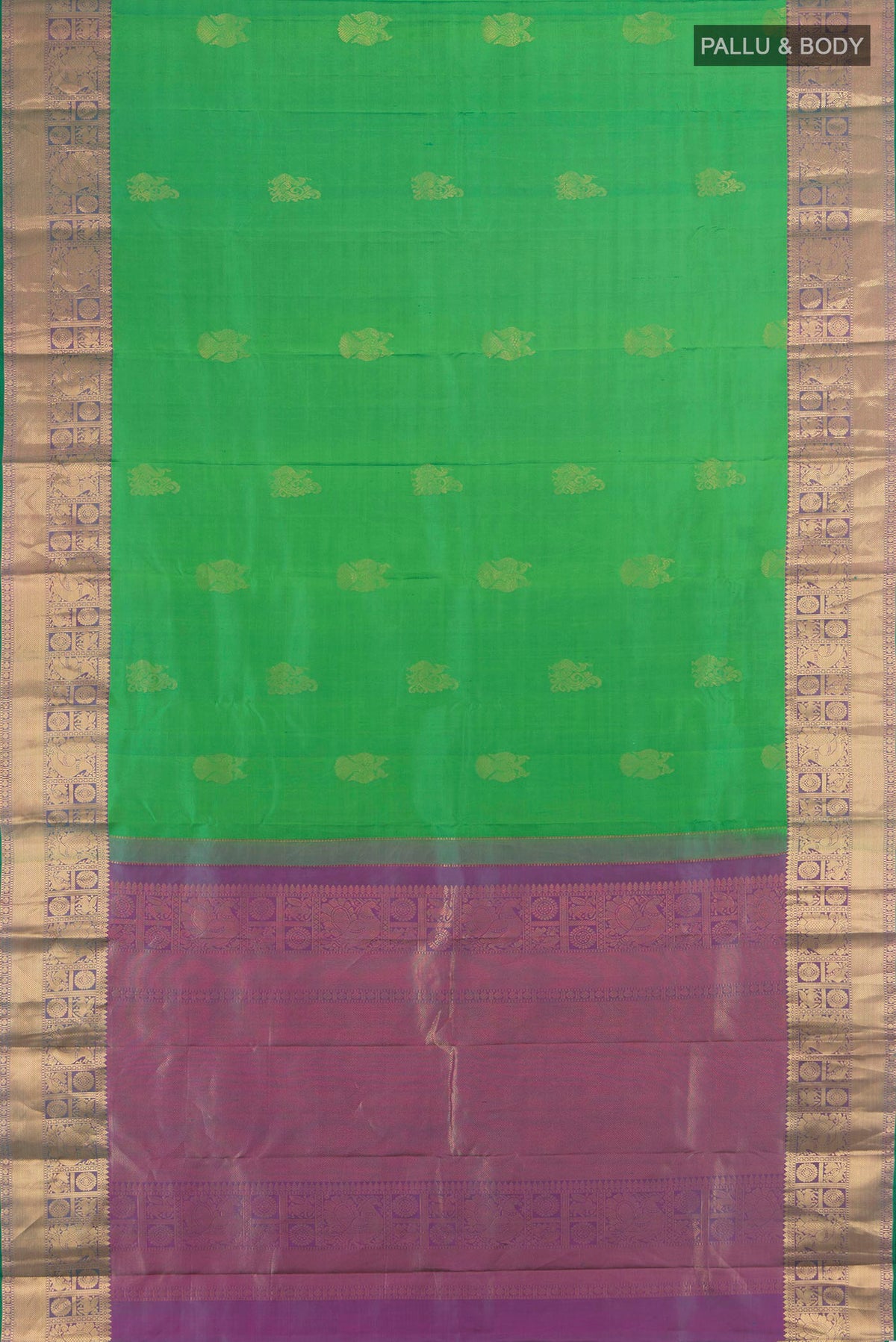 Flat view of Pure Silk Mint Green Kanjivaram Saree with Zari Butta on the body and Silk Border. 