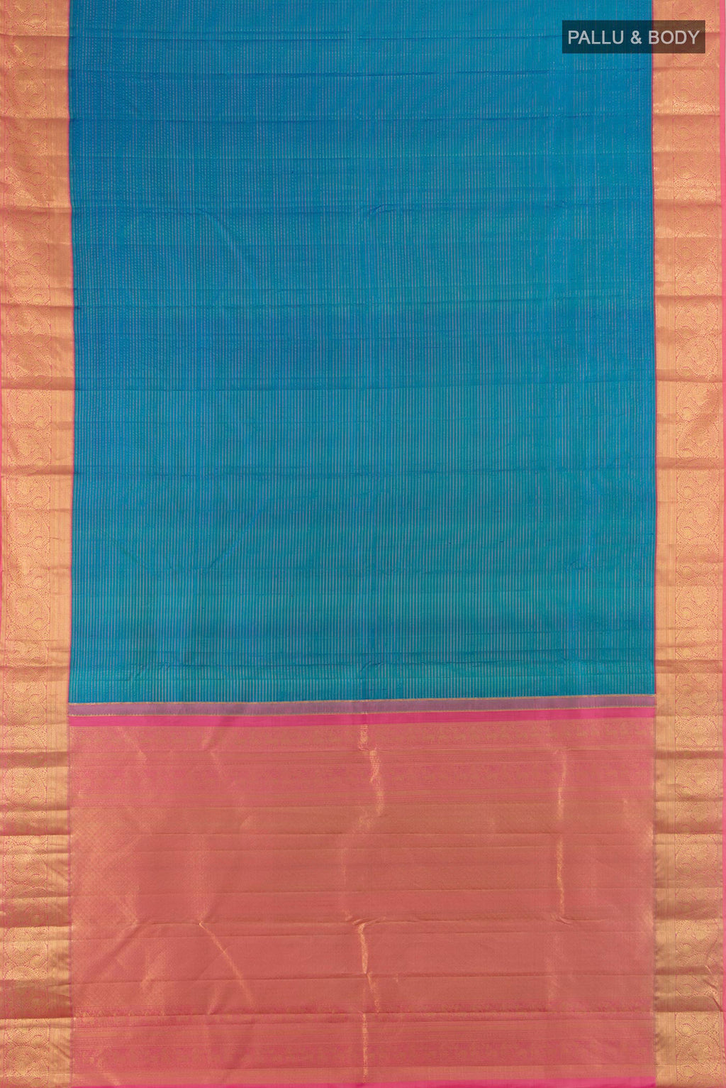 Flat view of Pure Silk Light Blue Kanjivaram Saree with Zari Butta on the body and Silk Border. 