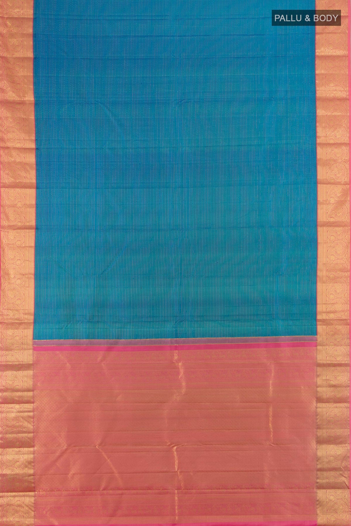 Flat view of Pure Silk Light Blue Kanjivaram Saree with Zari Butta on the body and Silk Border. 