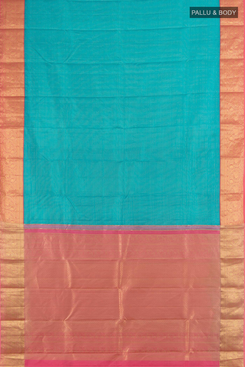 Flat view of Pure Silk Light Blue Kanjivaram Saree with Zari Butta on the body and Silk Border. 