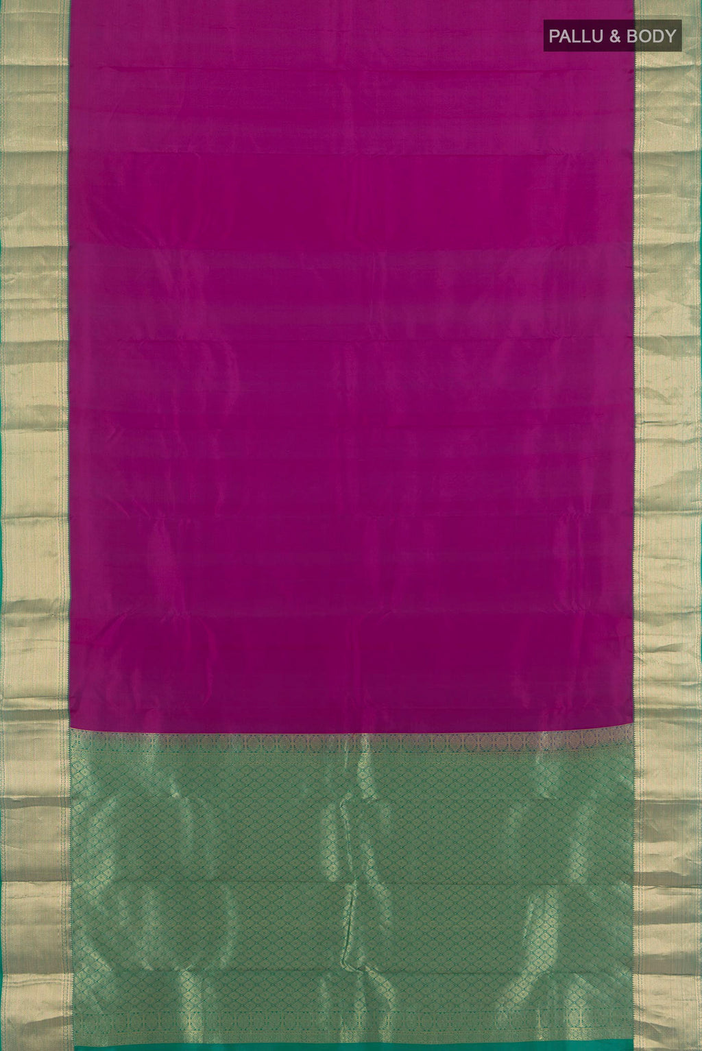 Flat view of Pure Silk Magenta Kanjivaram Saree with Plain Body and Zari Border. 