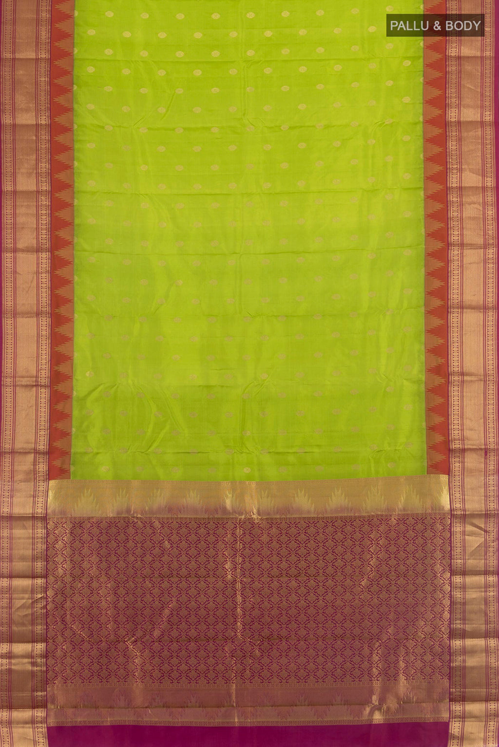 Flat view of Pure Silk Parrot Green Kanjivaram Saree with Zari Butta on the body and Zari Border. 