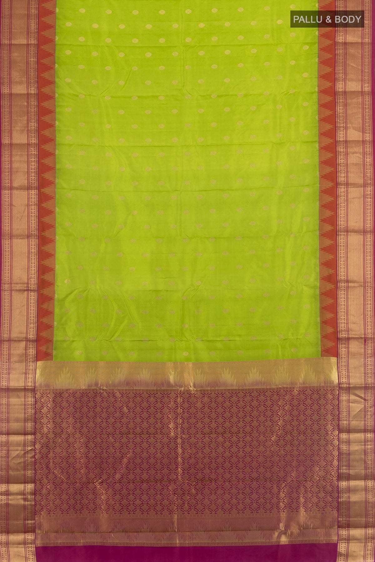 Flat view of Pure Silk Parrot Green Kanjivaram Saree with Zari Butta on the body and Zari Border. 