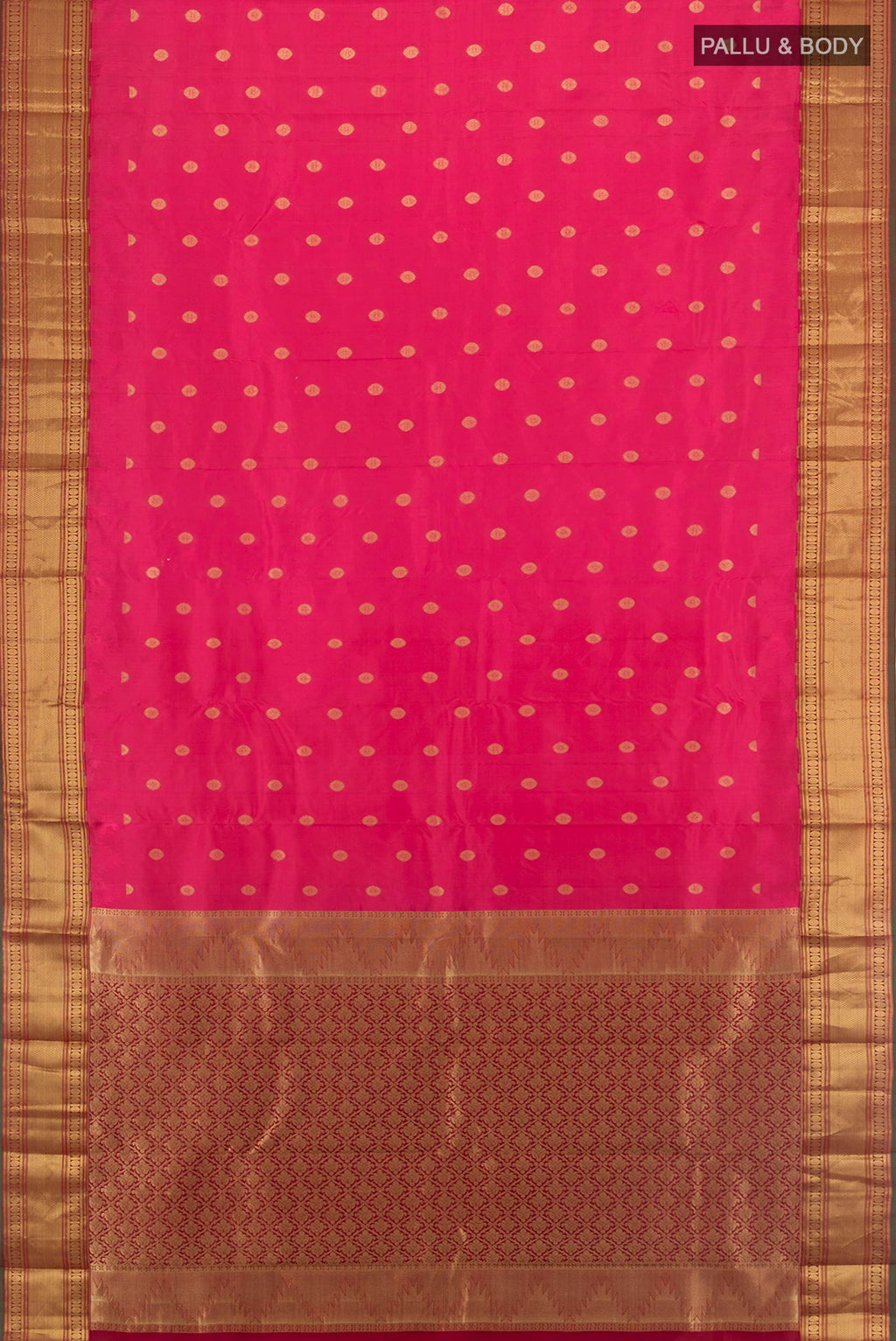 Flat view of Pure Silk Pink Kanjivaram Saree with Zari Butta on the body and Zari Border. 