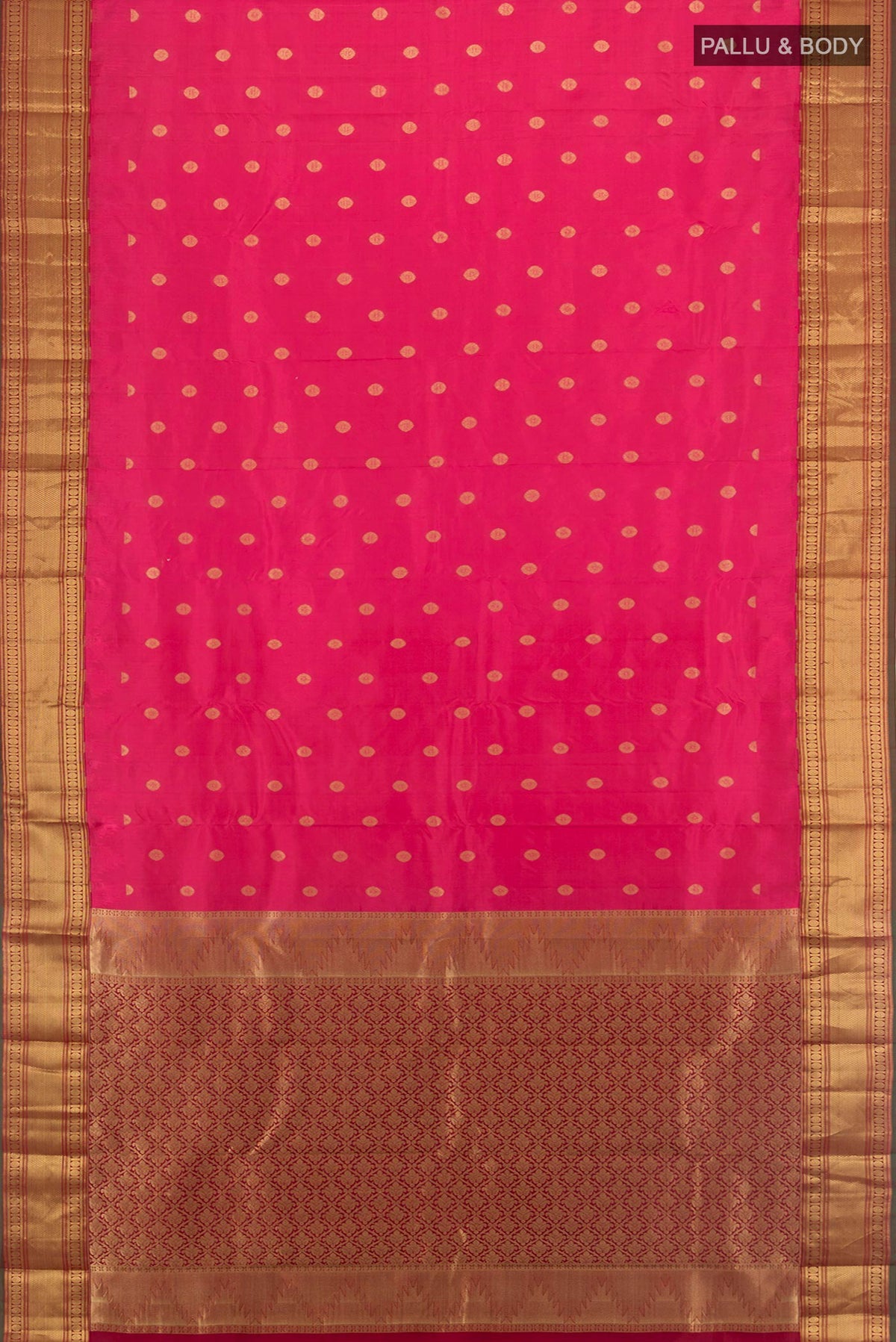 Flat view of Pure Silk Pink Kanjivaram Saree with Zari Butta on the body and Zari Border. 