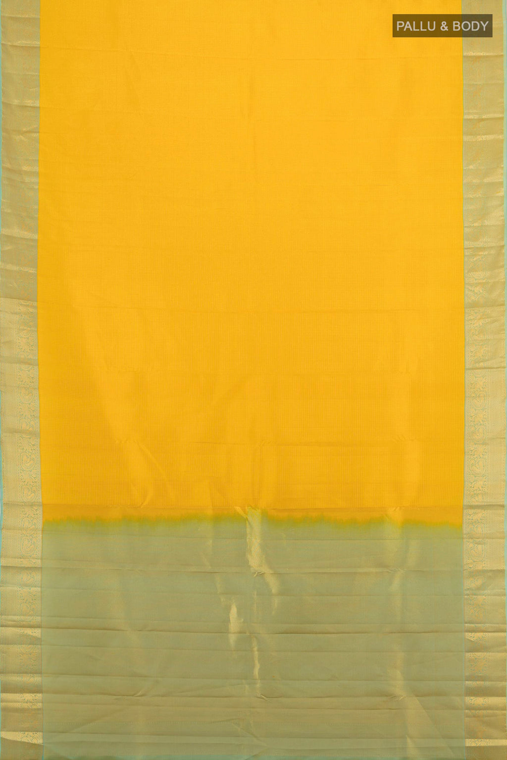 Flat view of Pure Silk Yellow Kanchipuram Saree with Checked design on the body and Zari Border. 