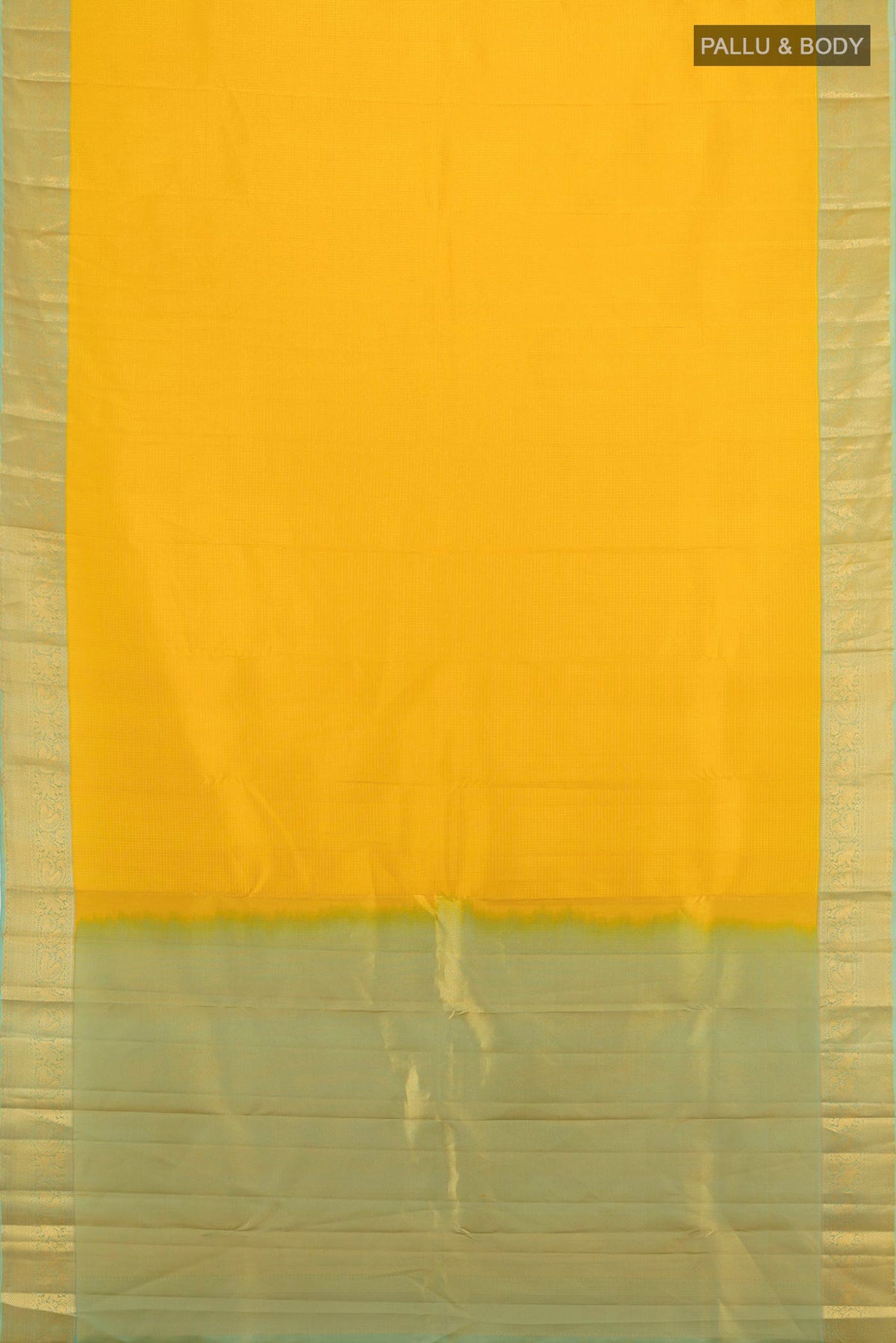 Flat view of Pure Silk Yellow Kanchipuram Saree with Checked design on the body and Zari Border. 
