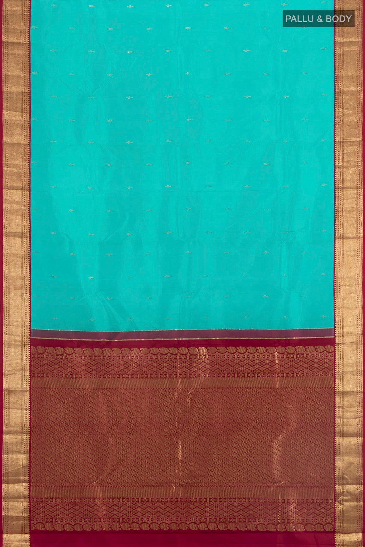 Flat view of Pure Silk Turquoise Kanjivaram Saree with Zari Butta on the body and Zari Border. 