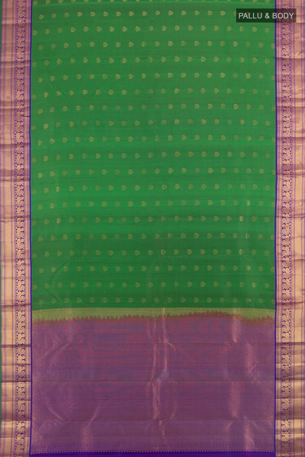 Flat view of Pure Silk Mint Green Kanchipuram Saree with Zari Butta on the body and Silk Border. 