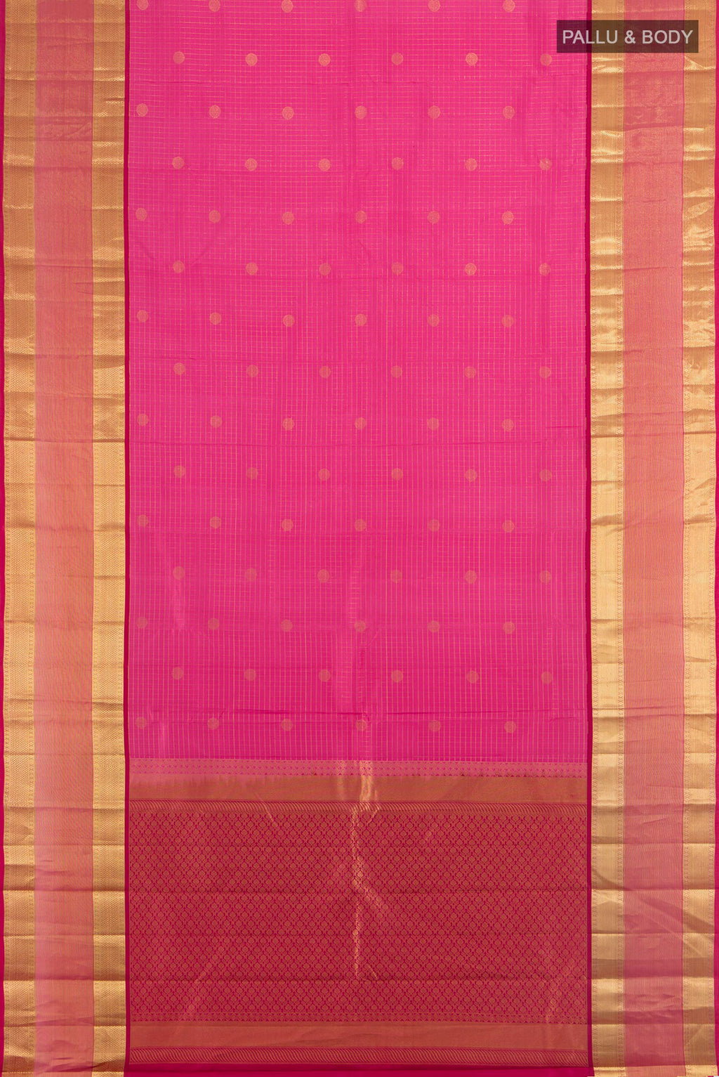 Flat view of Pure Silk Rose pink Kanchipuram Saree with Zari Butta on the body and Silk Border. 