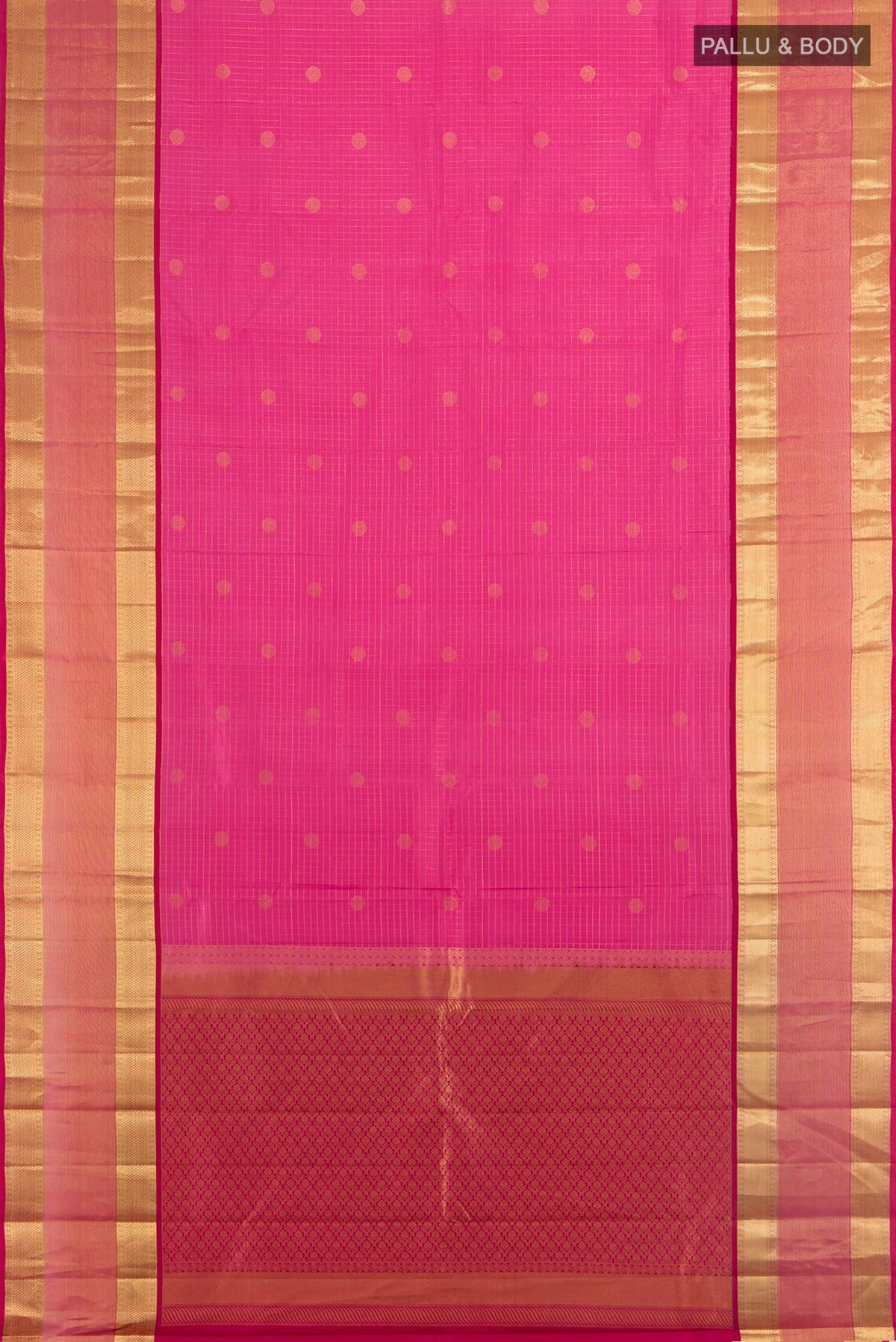 Flat view of Pure Silk Rose pink Kanchipuram Saree with Zari Butta on the body and Silk Border. 