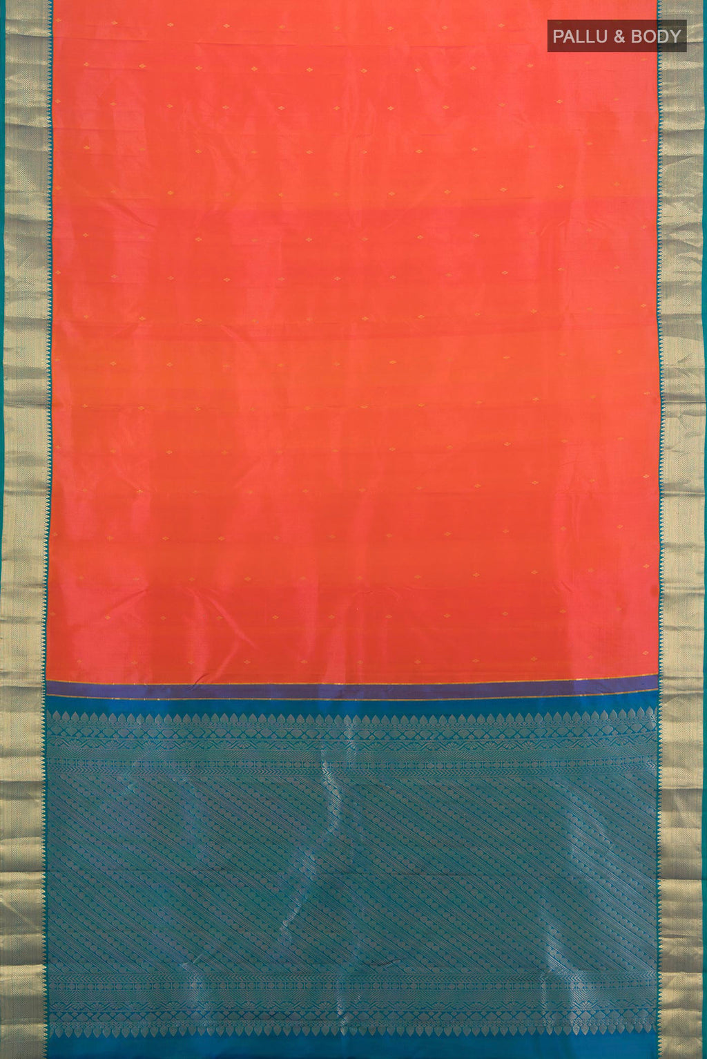 Flat view of Pure Silk Brick Orange Kanjivaram Saree with Zari Butta on the body and Zari Border. 