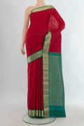 Pure Silk Red Kanjivaram Saree with Zari Butta on the body and Zari Border.  displayed on a mannequin