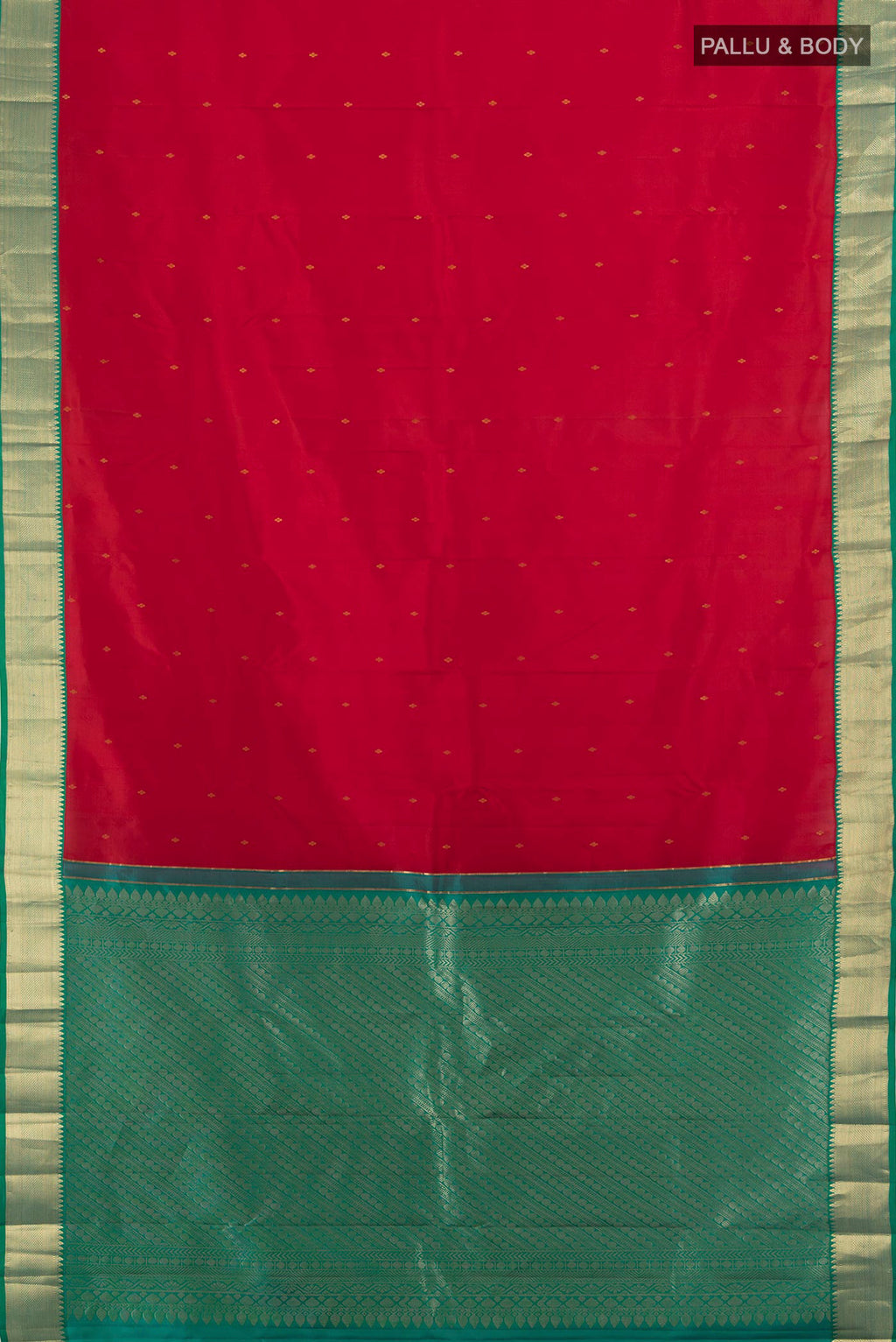 Flat view of Pure Silk Red Kanjivaram Saree with Zari Butta on the body and Zari Border. 