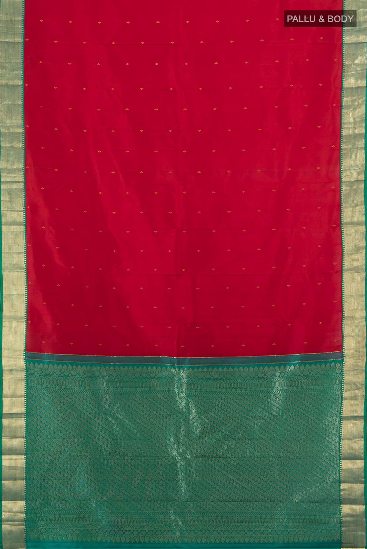 Flat view of Pure Silk Red Kanjivaram Saree with Zari Butta on the body and Zari Border. 