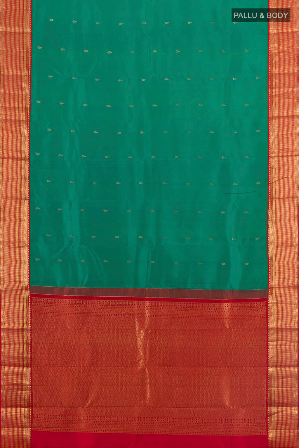 Flat view of Pure Silk Green Kanchipuram Saree with Zari Butta on the body and Zari Border. 