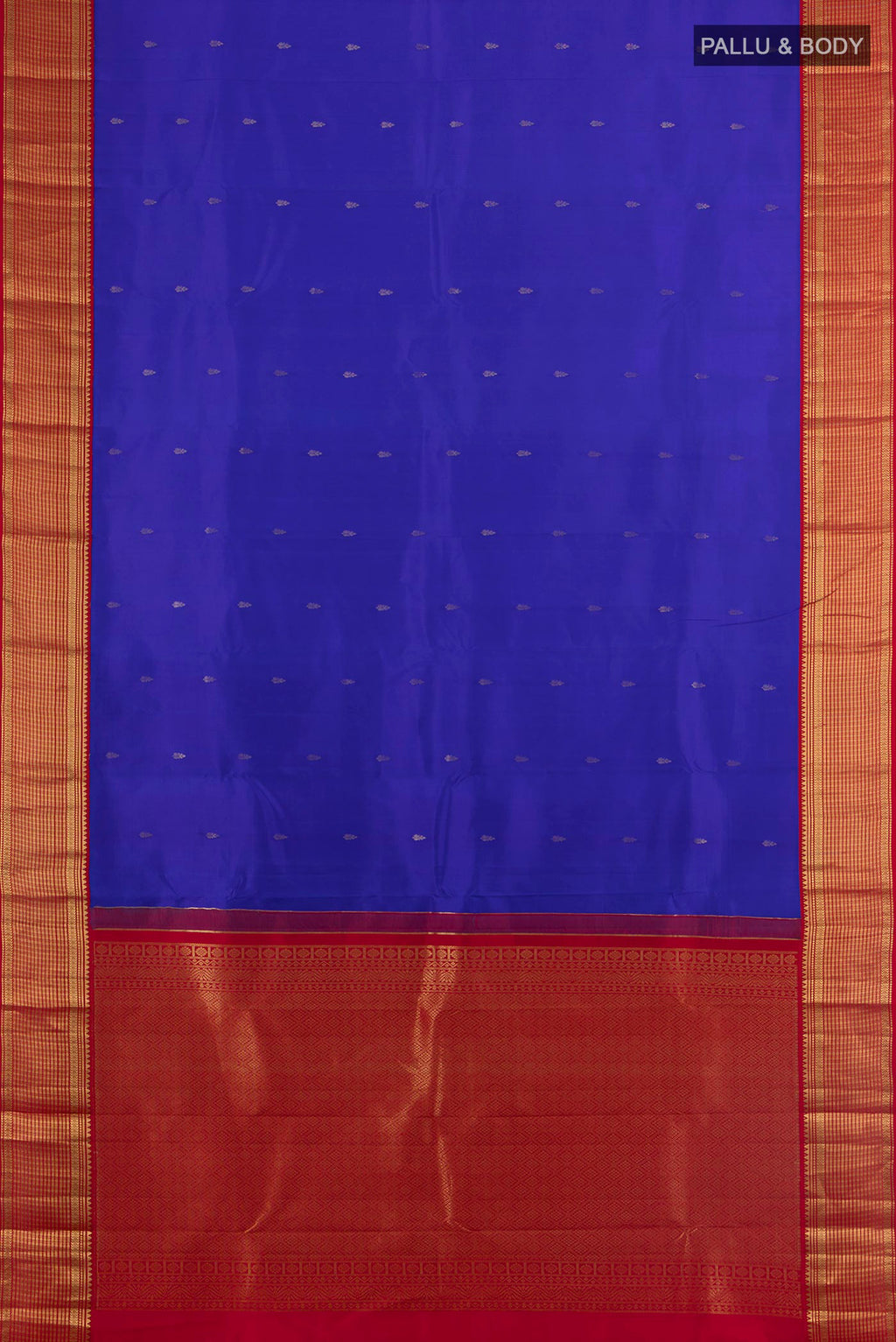 Flat view of Pure Silk Dark Blue Kanchipuram Saree with Zari Butta on the body and Silk Border. 
