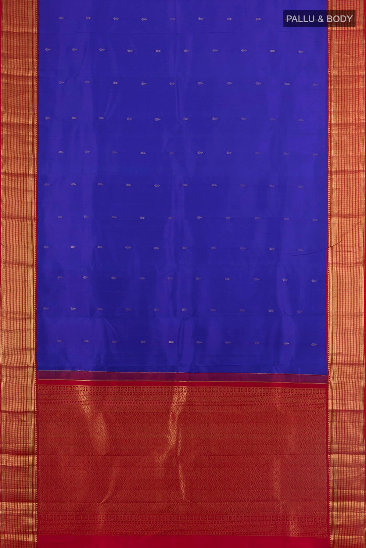 Flat view of Pure Silk Dark Blue Kanchipuram Saree with Zari Butta on the body and Silk Border. 