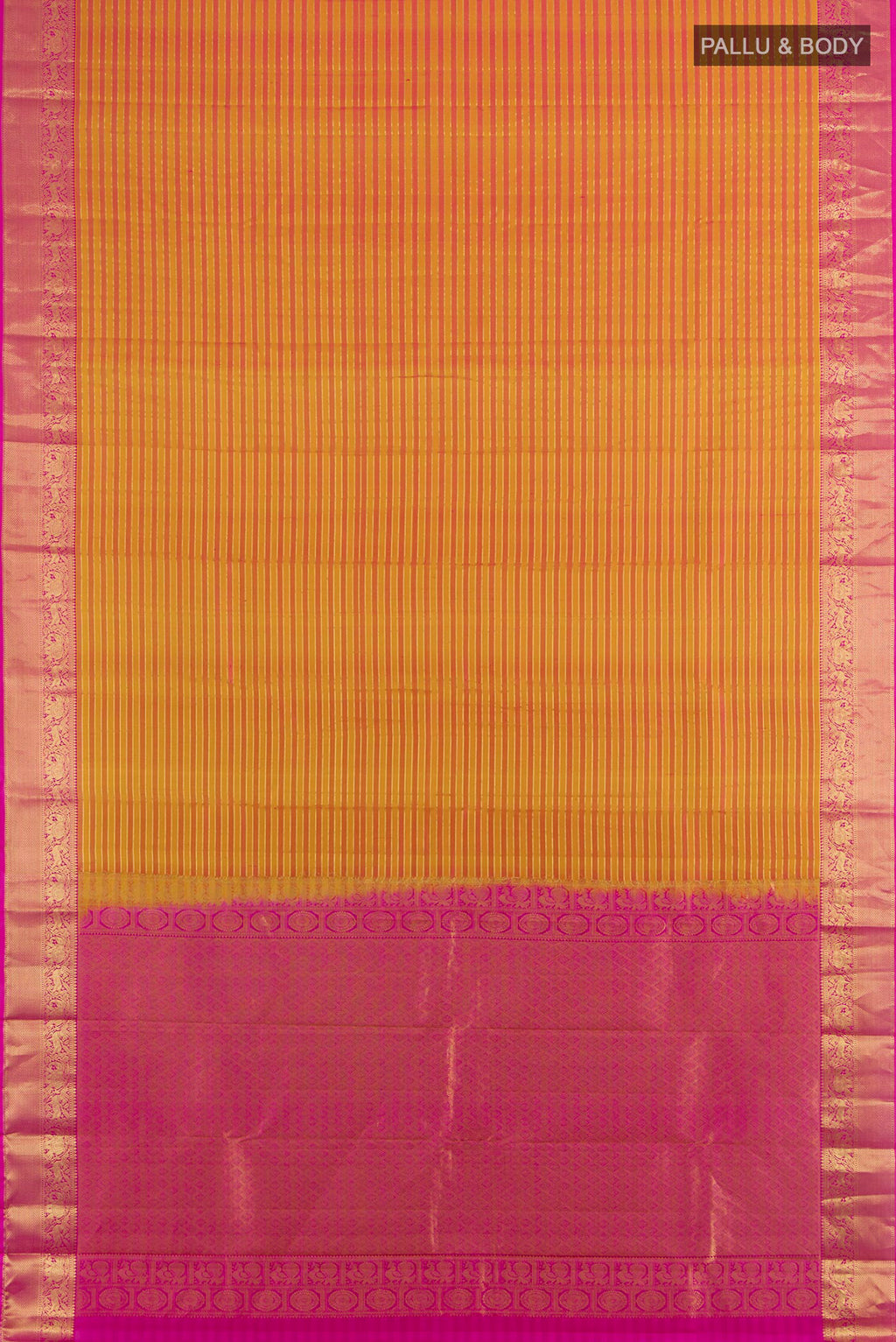 Flat view of Pure Silk Golden Peach Kanjivaram Saree with Zari Butta on the body and Silk Border. 