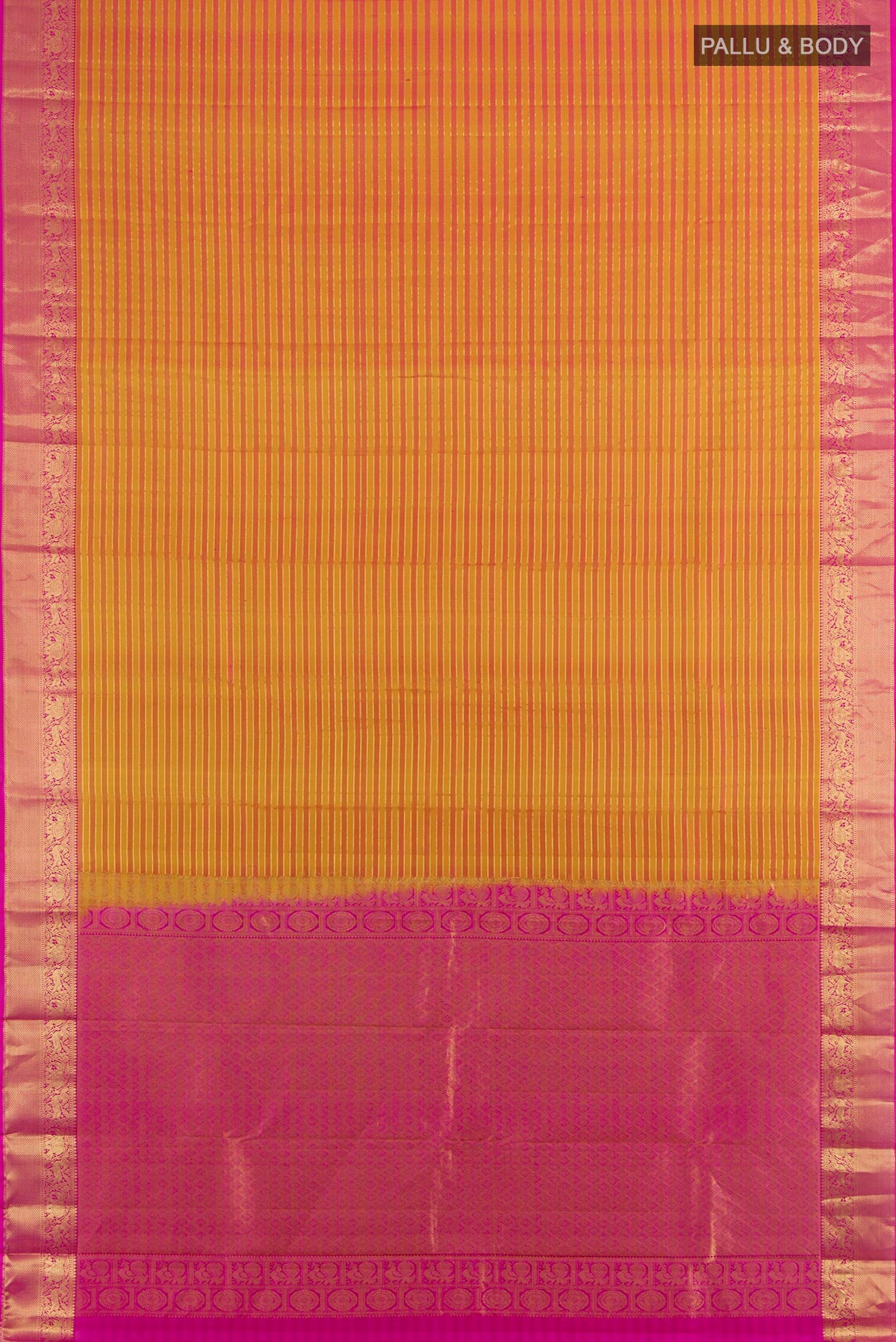 Flat view of Pure Silk Golden Peach Kanjivaram Saree with Zari Butta on the body and Silk Border. 