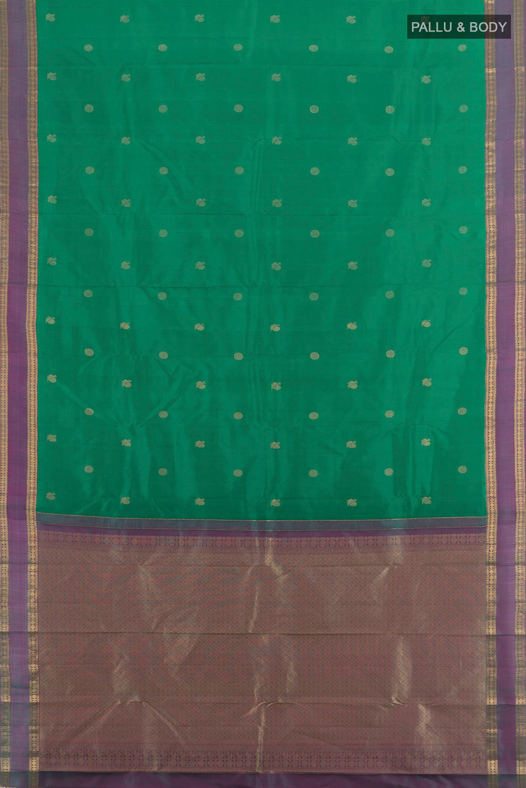 Flat view of Pure Silk Green Kanchipuram Saree with Zari Butta on the body and Zari Border. 