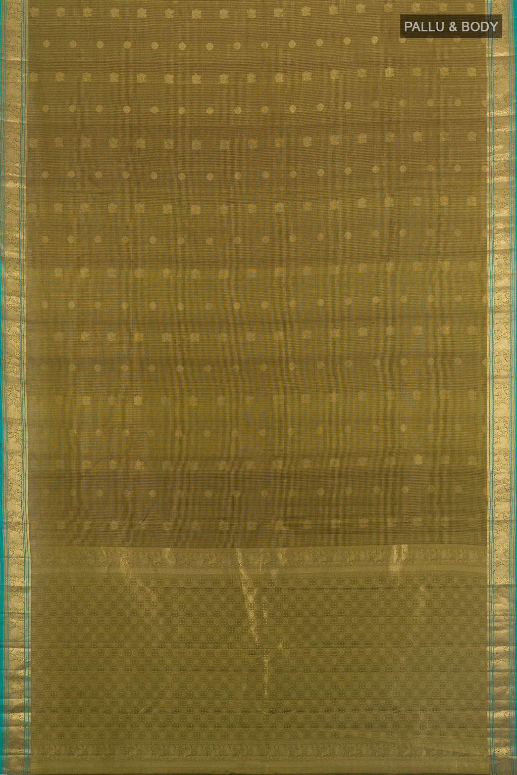 Flat view of Pure Silk Mehandi Green Kanchipuram Saree with Zari Butta on the body and Zari Border. 